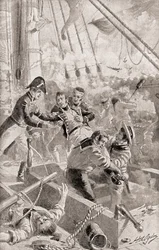 Kapitän James Lawrence spricht seine letzten Worte oder sterbenden Befehl, Gebt das Schiff nicht auf!, aus Die Geschichte unseres Landes, veröffentlicht 1905